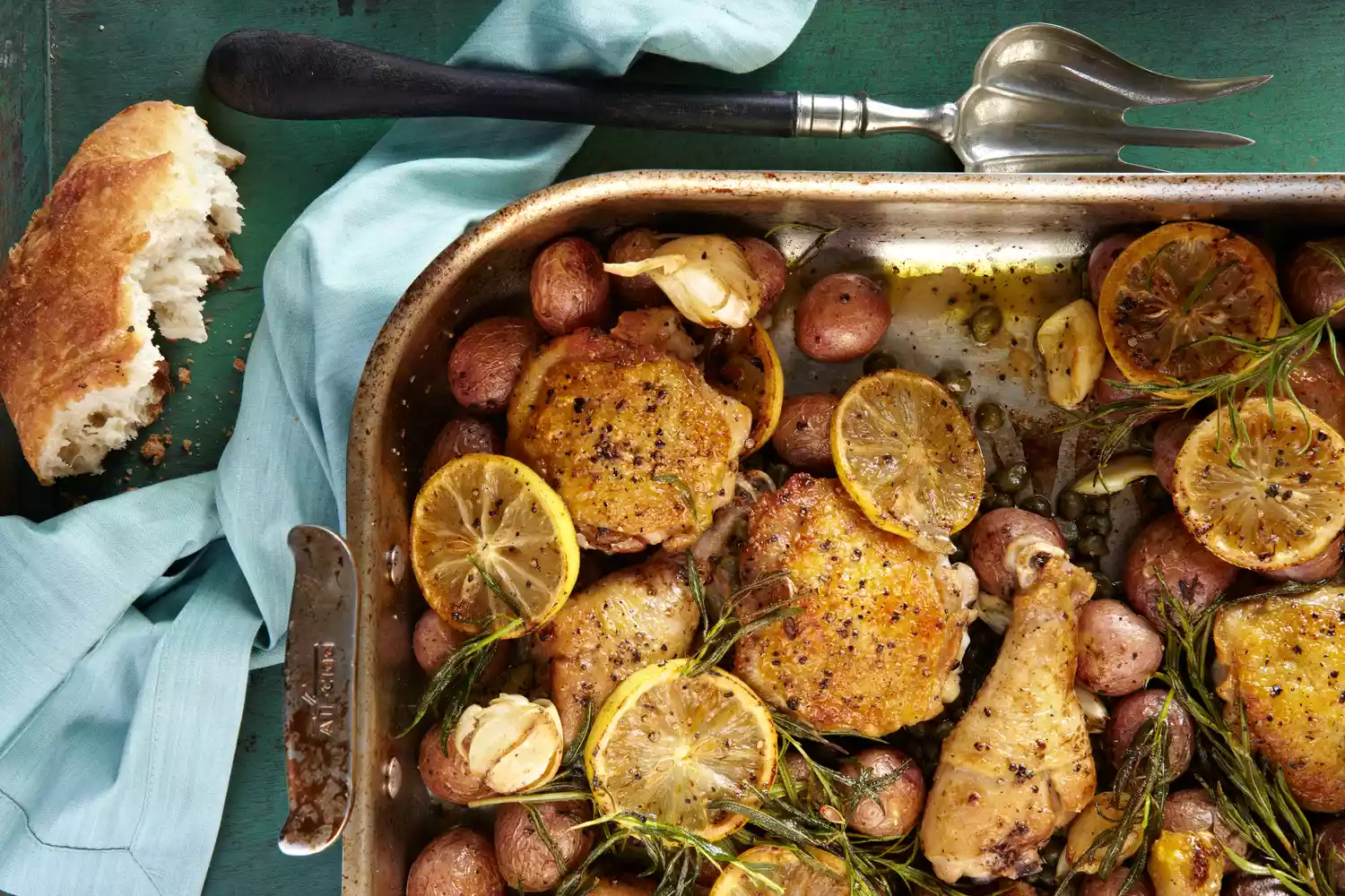Roasted chicken and potatoes with lemon