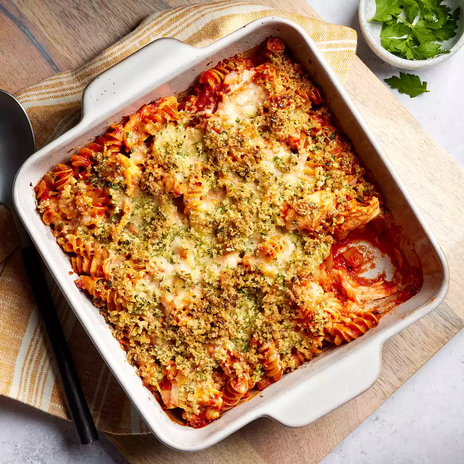 Chicken parmesan pasta bake casserole