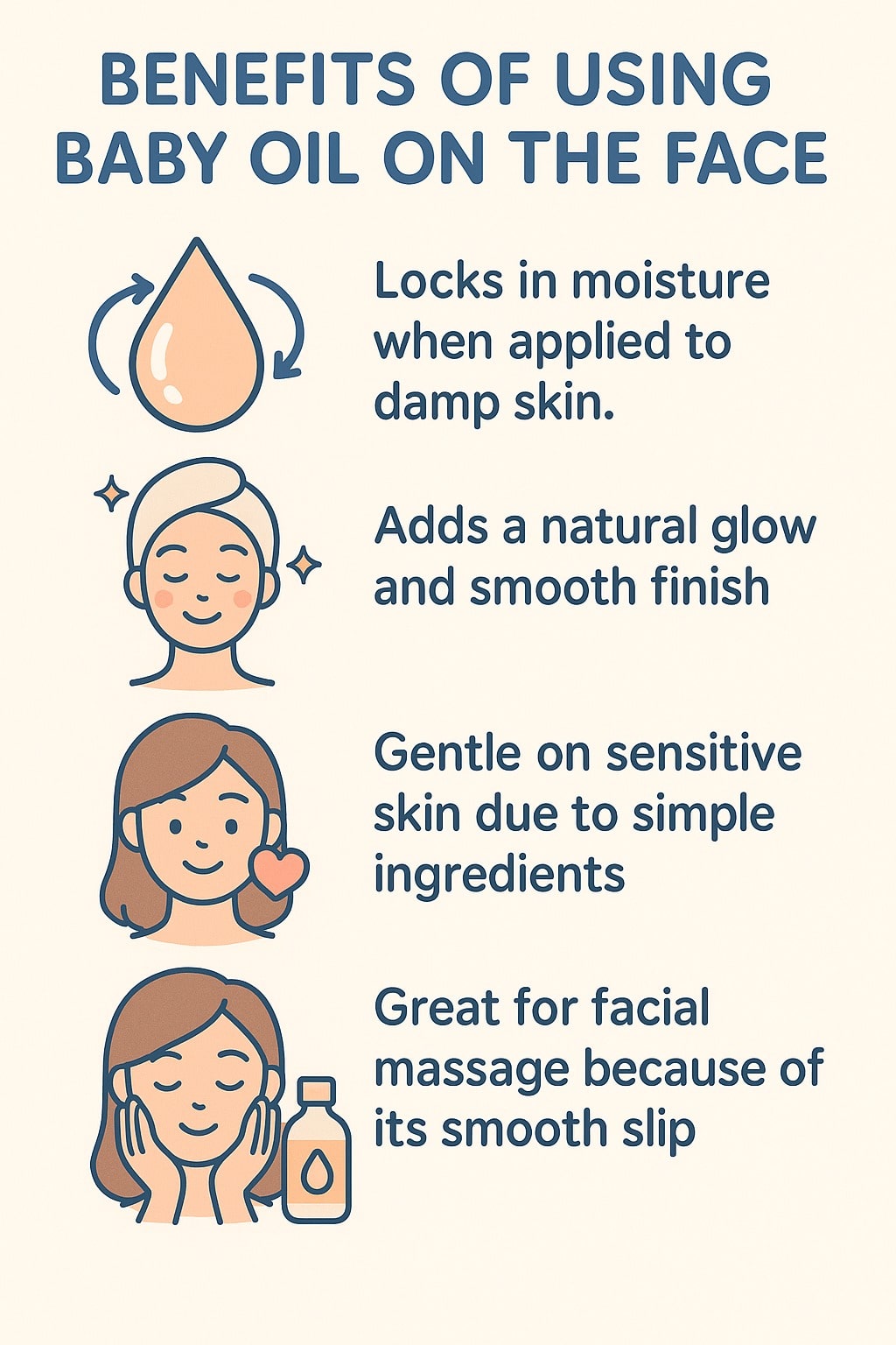 Infographic detailing the benefits of using baby oil on the face, including moisture retention and glow