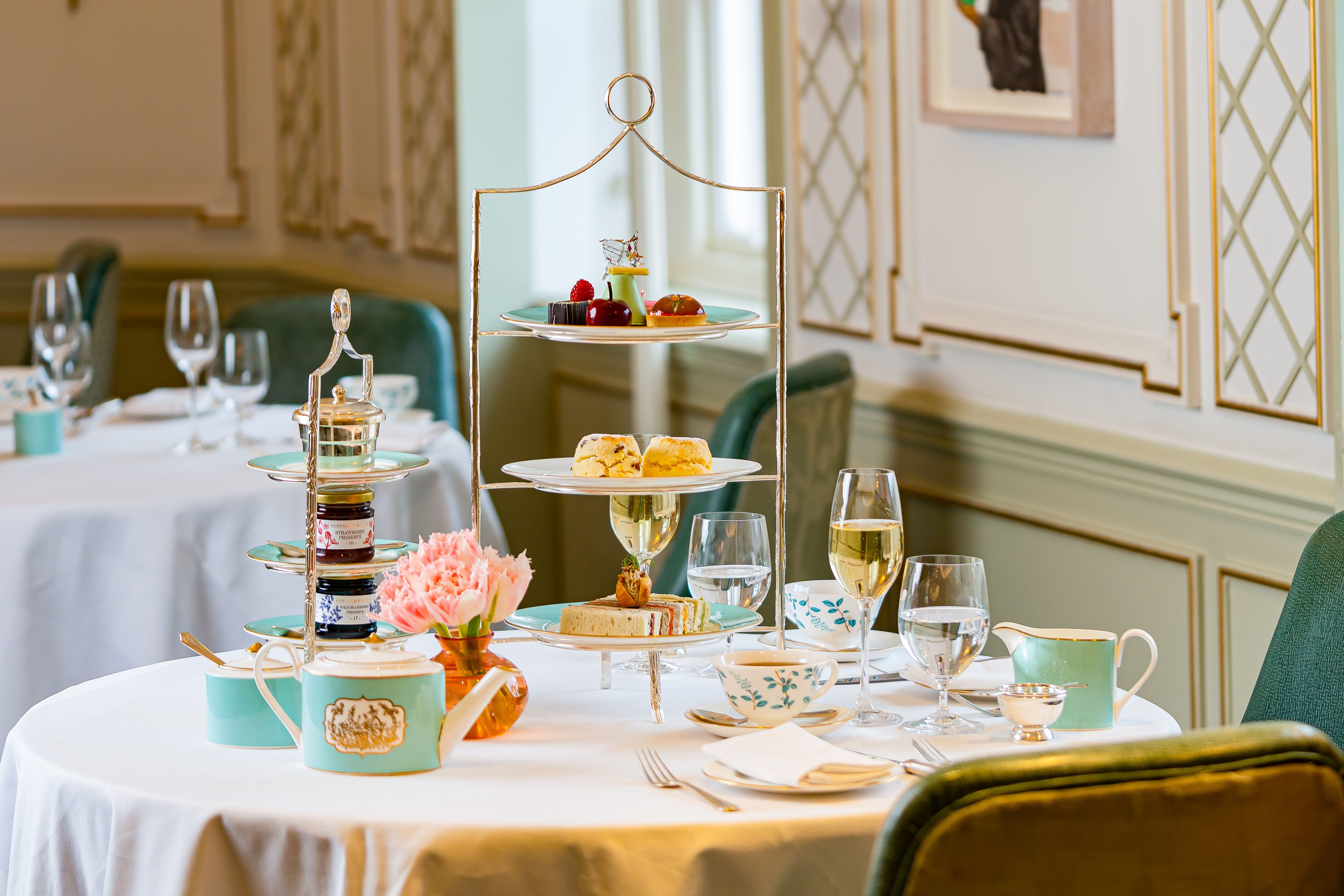 Fortnum and Mason classic British afternoon tea set up with scones and tea