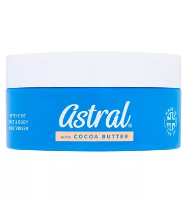 Astral Intensive Face and Body Moisturiser with Cocoa Butter in a blue tub